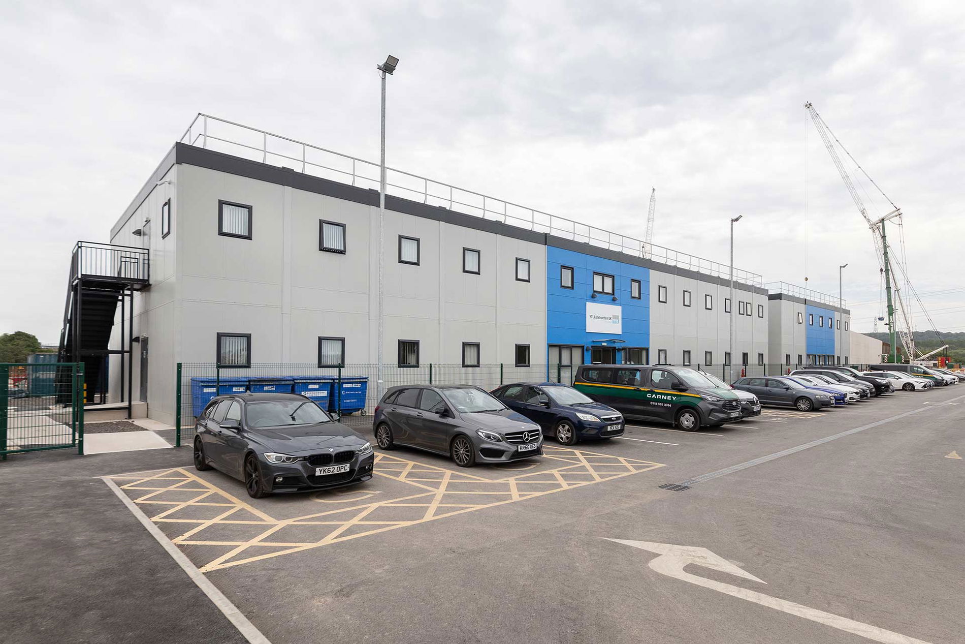 Image of a refurbished modular building with blue featured wall